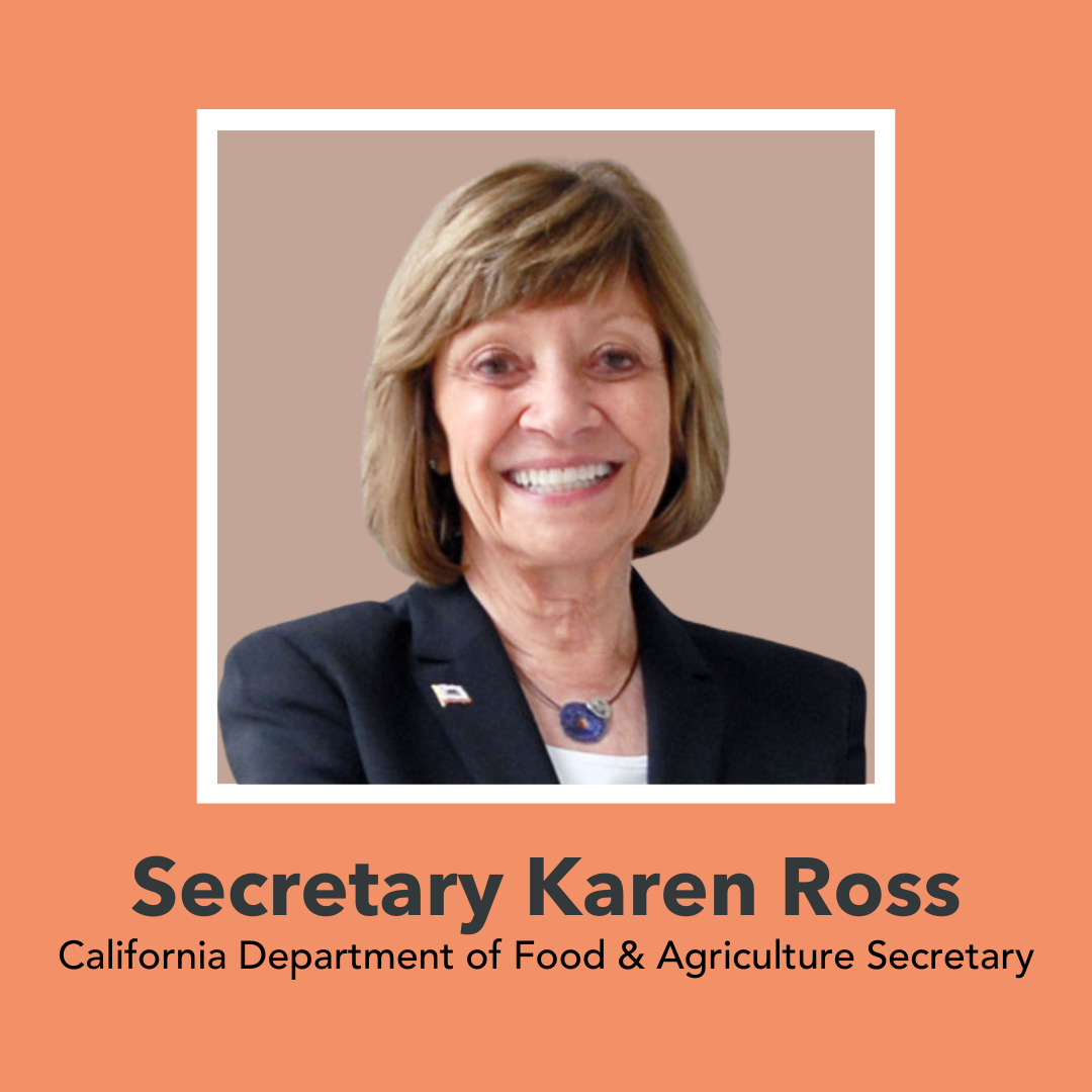 Photo of a White woman with chin-length blonde hair, with text below reading "Secretary Karen Ross | California Department of Food & Agriculture Secretary"